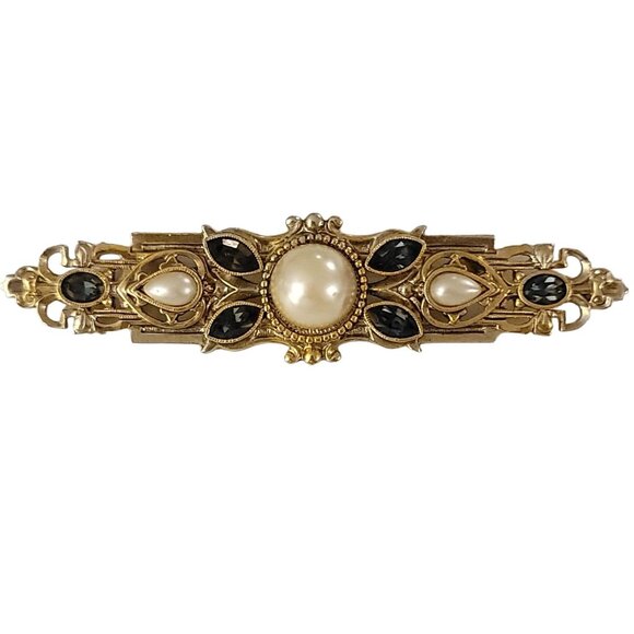 1928 Brand Gold Tone Blue Rhinestone Faux Pearl Long Bar Brooch K541 - Picture 8 of 8